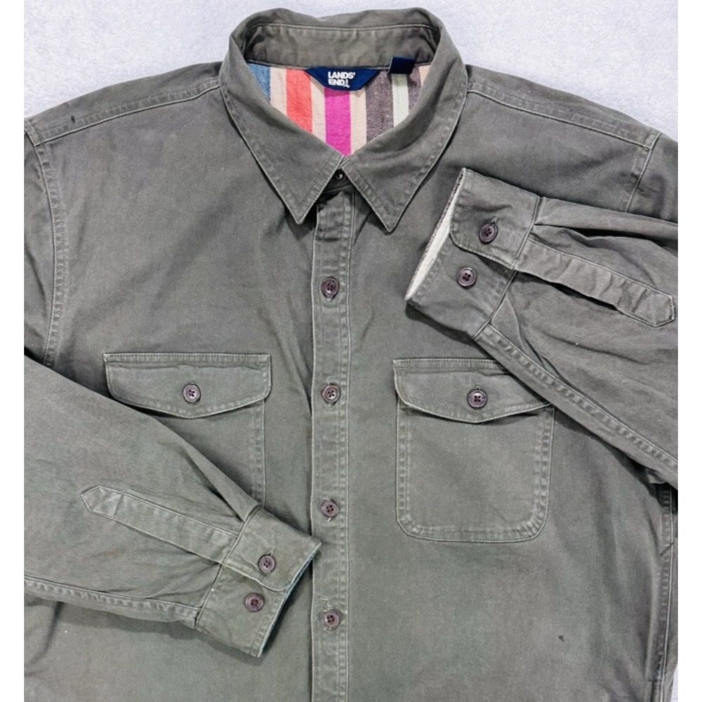 Lands End Shirt Mens‎ L Green Flannel Lined Workwear Chore/Barn Shacket Gorpcore